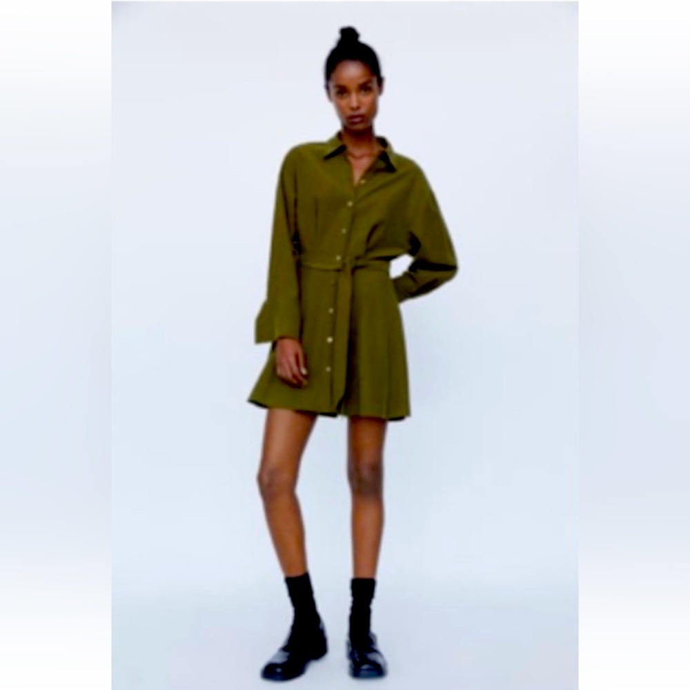 Zara Belted Shirt Kaki Dress